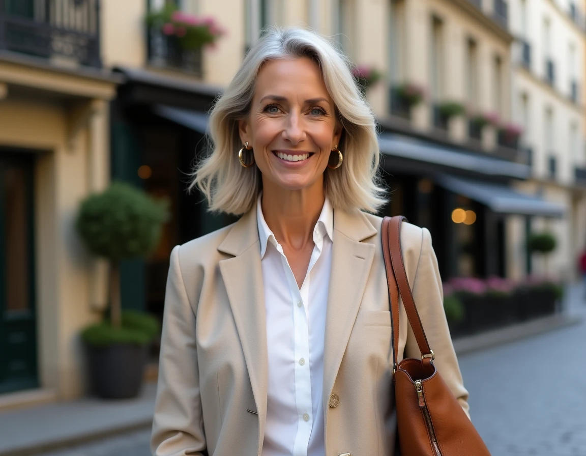 Femme d'une cinquantaine d'années avec une couleur de cheveux blond cendré rajeunissante dans une rue parisienne