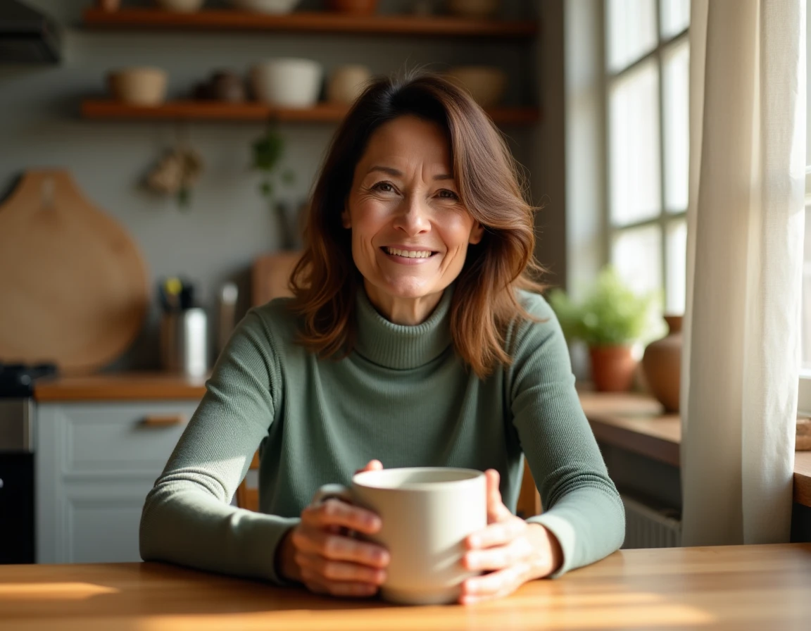 Femme de 55 ans aux cheveux brun chocolat avec balayage cuivré rajeunissant, dans une cuisine moderne et chaleureuse