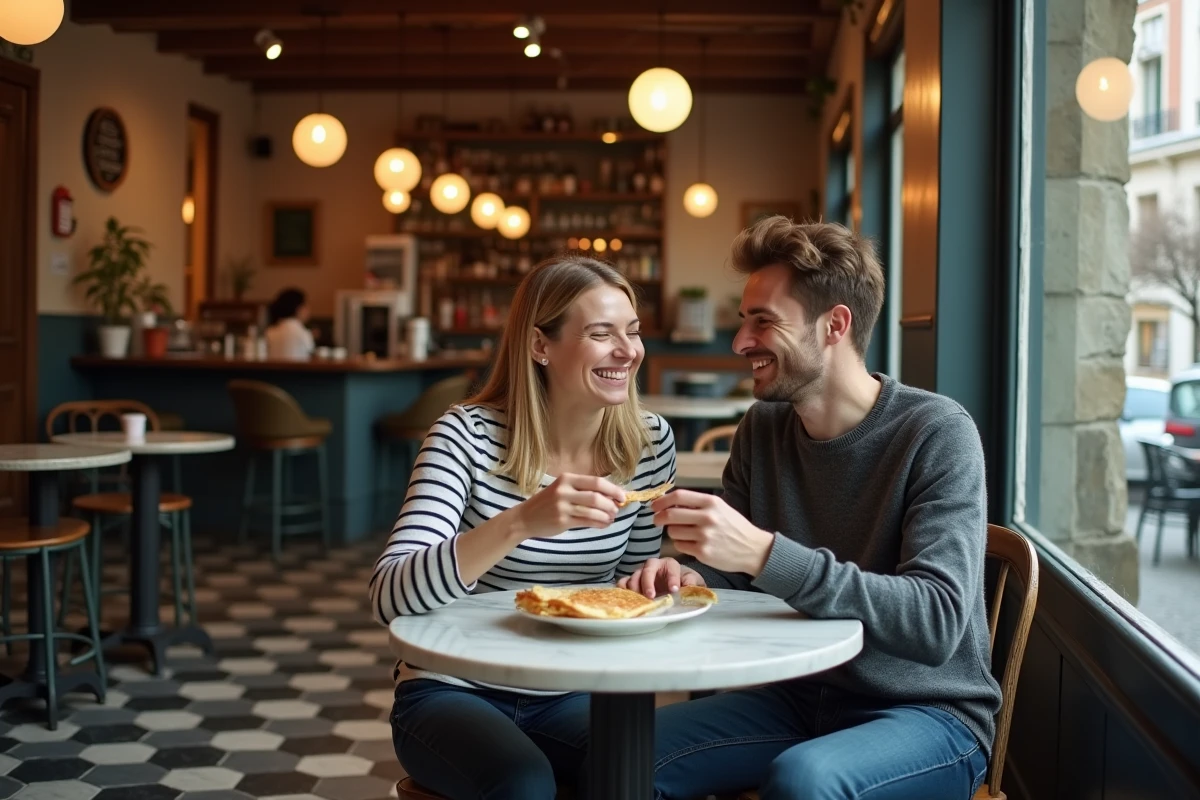Couple partageant une crêpe dans un café bistrot typique parisien avec décor zinc et carrelage ancien