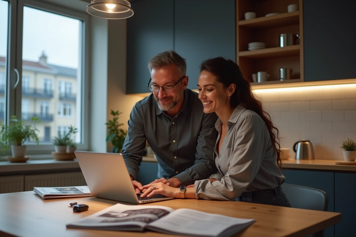 Couple consultant des comparatifs de voitures en ligne à la maison, choisir le bon type de véhicule à acheter en 2026