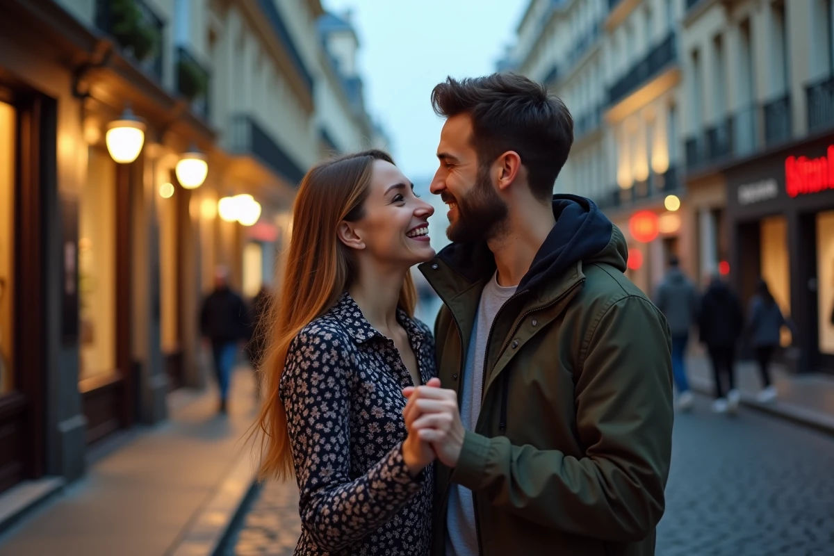 Couple sur une rue parisienne, homme murmurant quelque chose à l'oreille d'une femme souriante