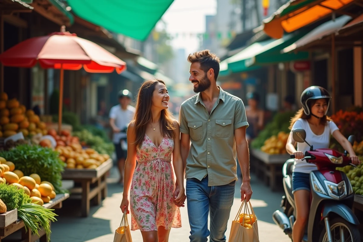 Un couple français faisant leurs courses dans un marché local animé à Bangkok, Thaïlande