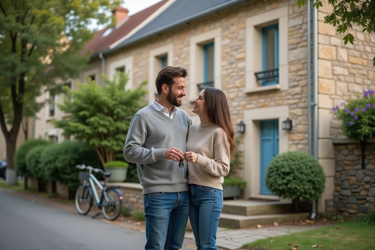 Jeune couple devant une maison accessible dans une ville française à faible coût de la vie