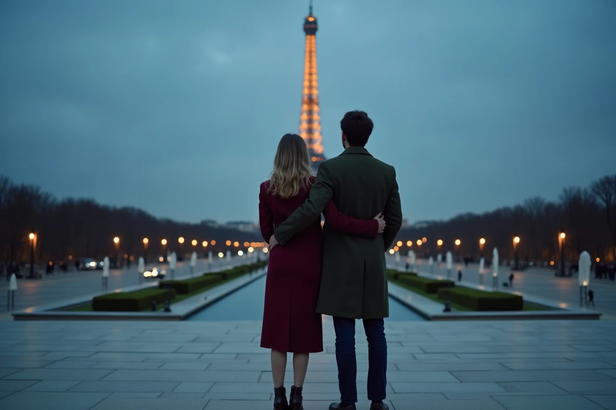 Couple de dos face à la Tour Eiffel depuis l'esplanade du Trocadéro au crépuscule à Paris