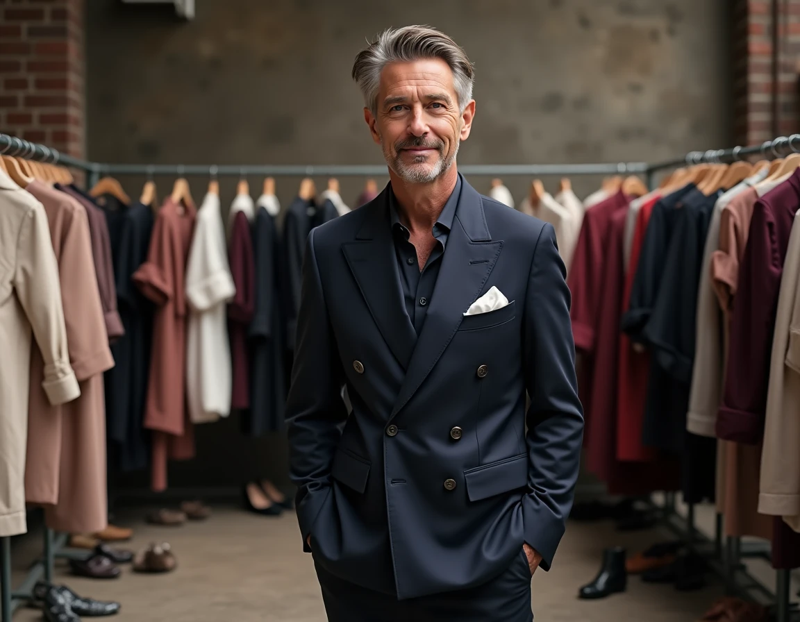 Créateur de mode en coulisses d'un défilé haute couture entouré de vêtements de luxe
