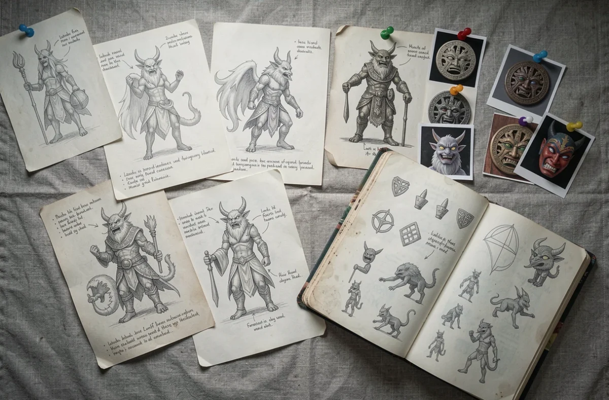 Planche de recherche artistique avec des croquis de créatures inspirées du folklore pour comprendre les références culturelles et occultes du personnage Labubu