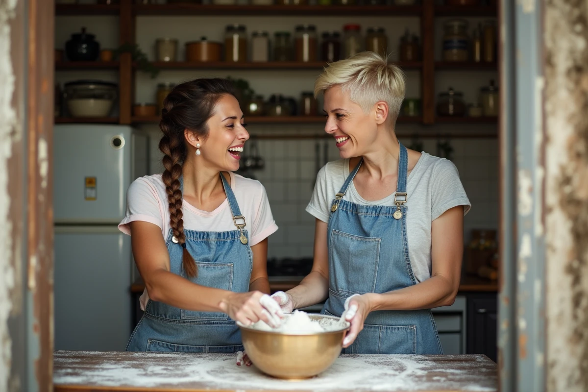 Deux amies cuisinant ensemble à la maison en riant, illustrant le plaisir partagé d'une activité gratuite et conviviale