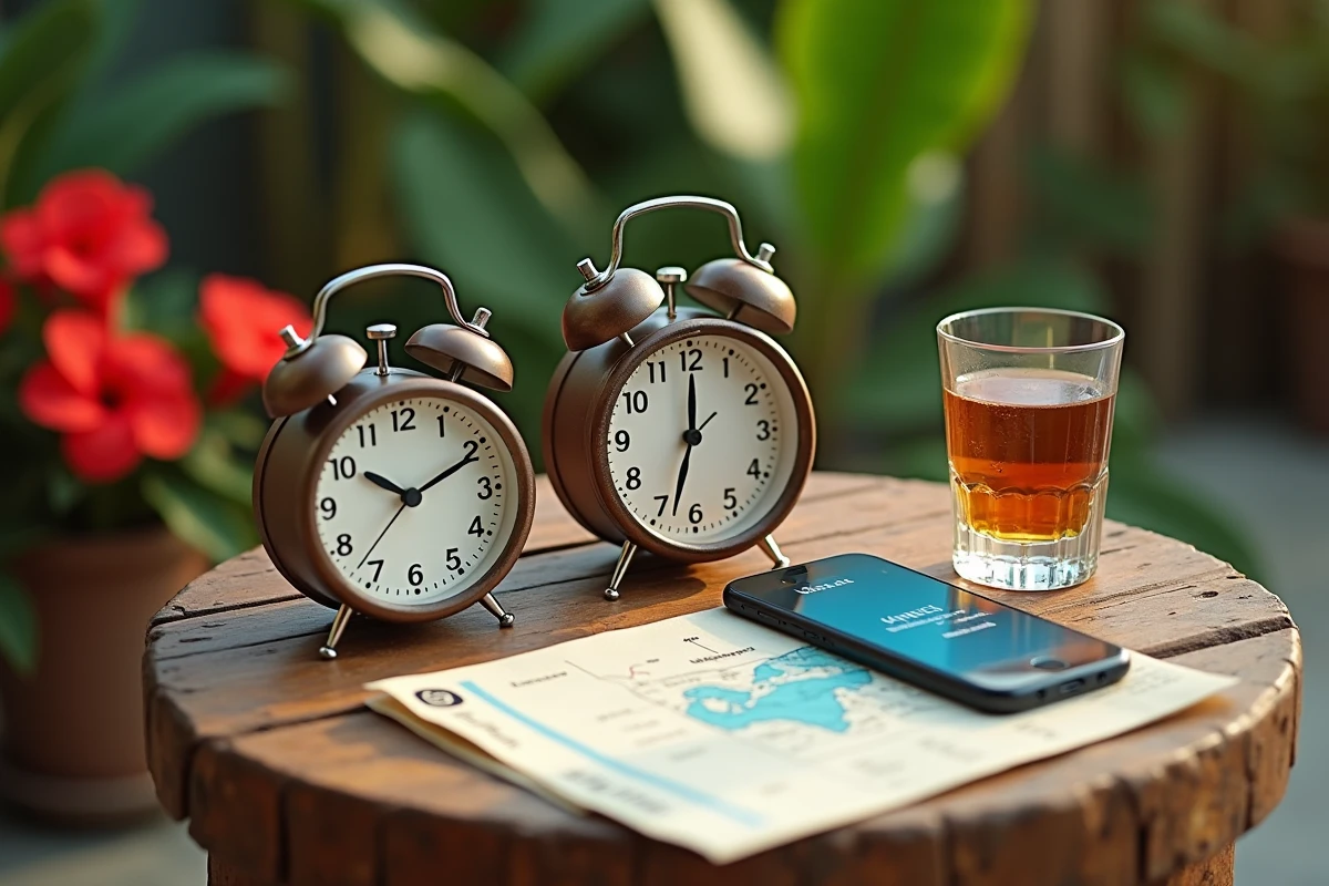 Gros plan d'une horloge analogique et d'un smartphone affichant le décalage horaire entre La Réunion et Paris sur une table en bois tropical