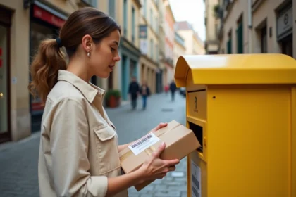Femme déposant un colis Vinted dans une boîte aux lettres La Poste en rue française