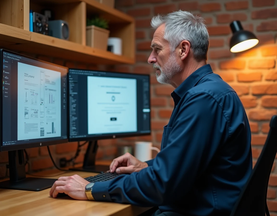 Designer masculin analysant des schémas d'interface utilisateur sur deux écrans dans un studio créatif
