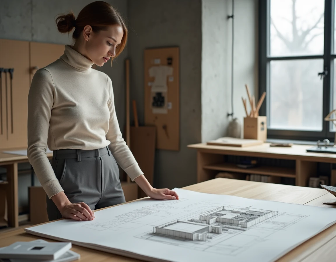 Designer scandinave dans son atelier nordique examinant des esquisses sur une table à dessin dans un espace de travail minimaliste