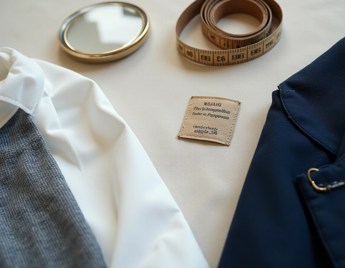 Flatlay détaillé de finitions de vêtements de qualité : coutures, boutonnières et étiquette tissu sur surface en lin