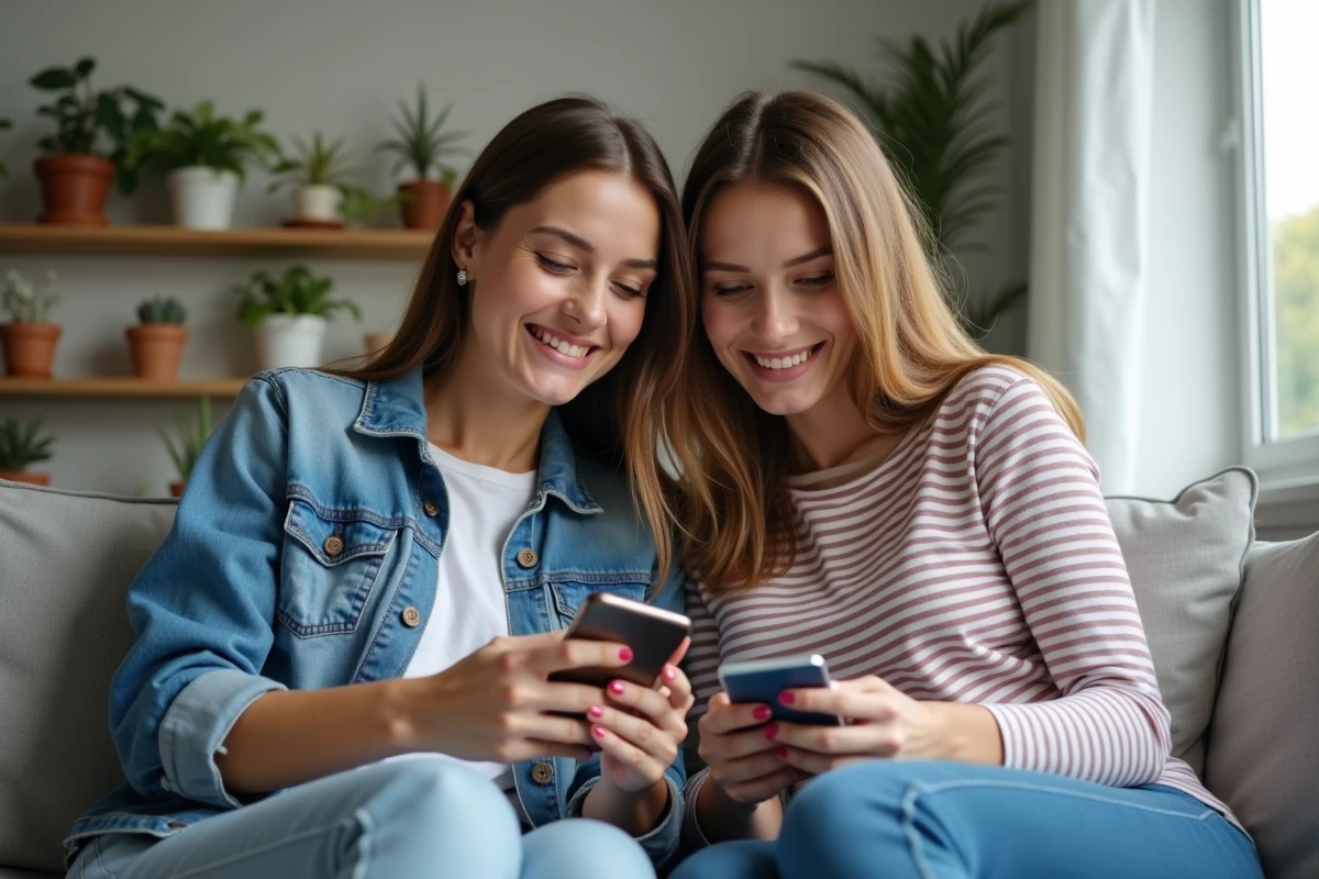 Deux amies jouant à Monopoly GO ensemble sur leurs smartphones dans un salon moderne