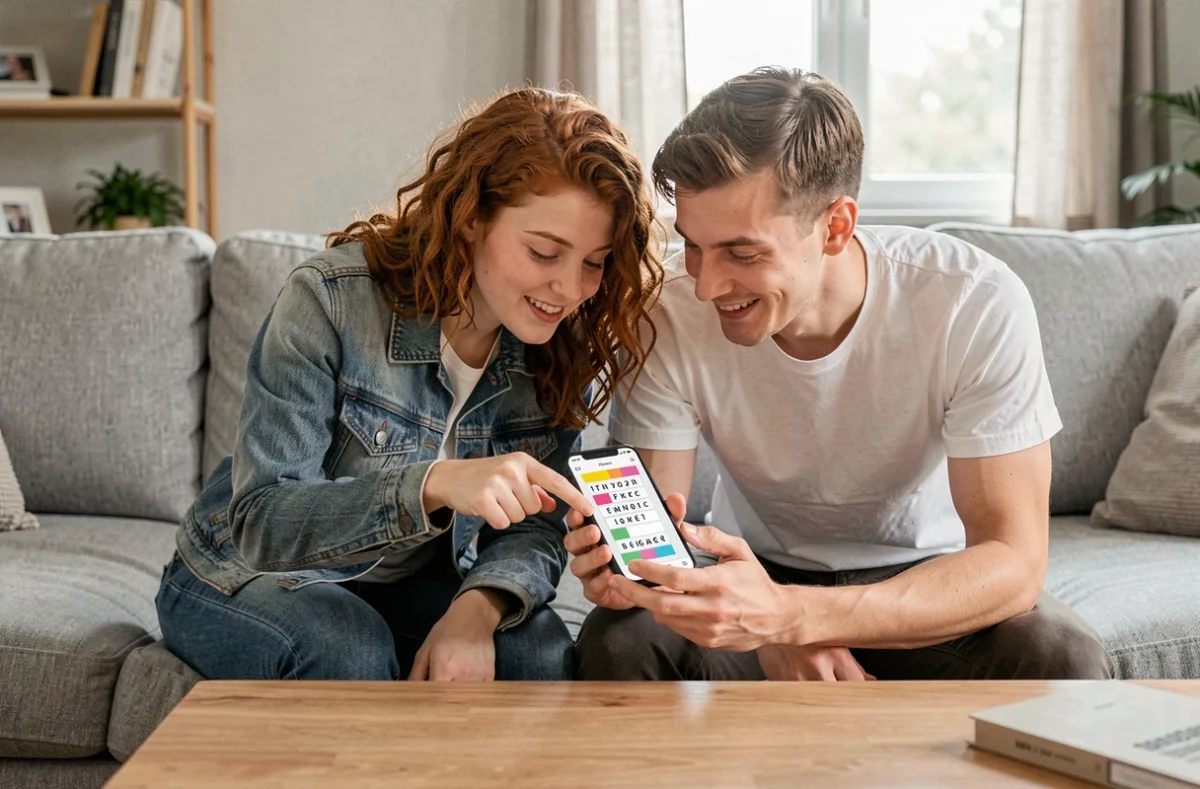 Deux amis cherchant ensemble la solution de 9 lettres au jeu 4 Images 1 Mot sur canapé