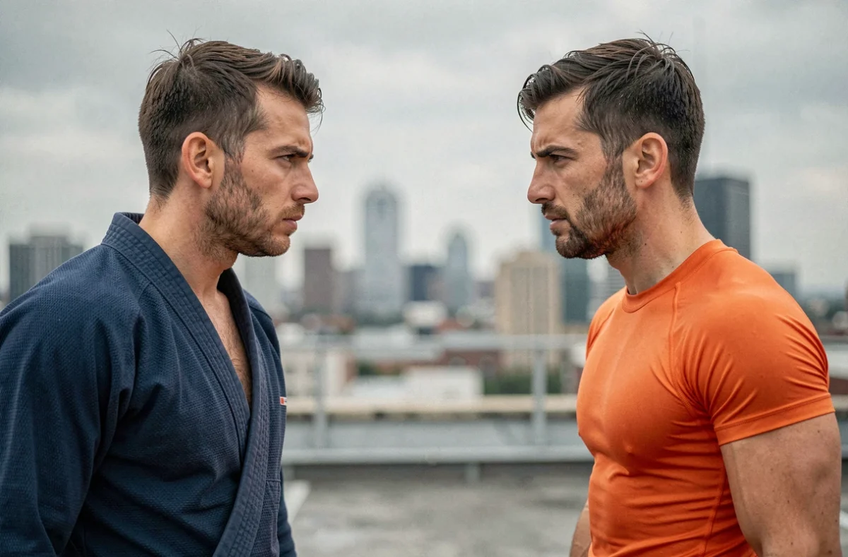 Deux combattants se faisant face dans un affrontement tendu sur un rooftop urbain, symbolisant la rivalité intense entre deux personnages de combat manga
