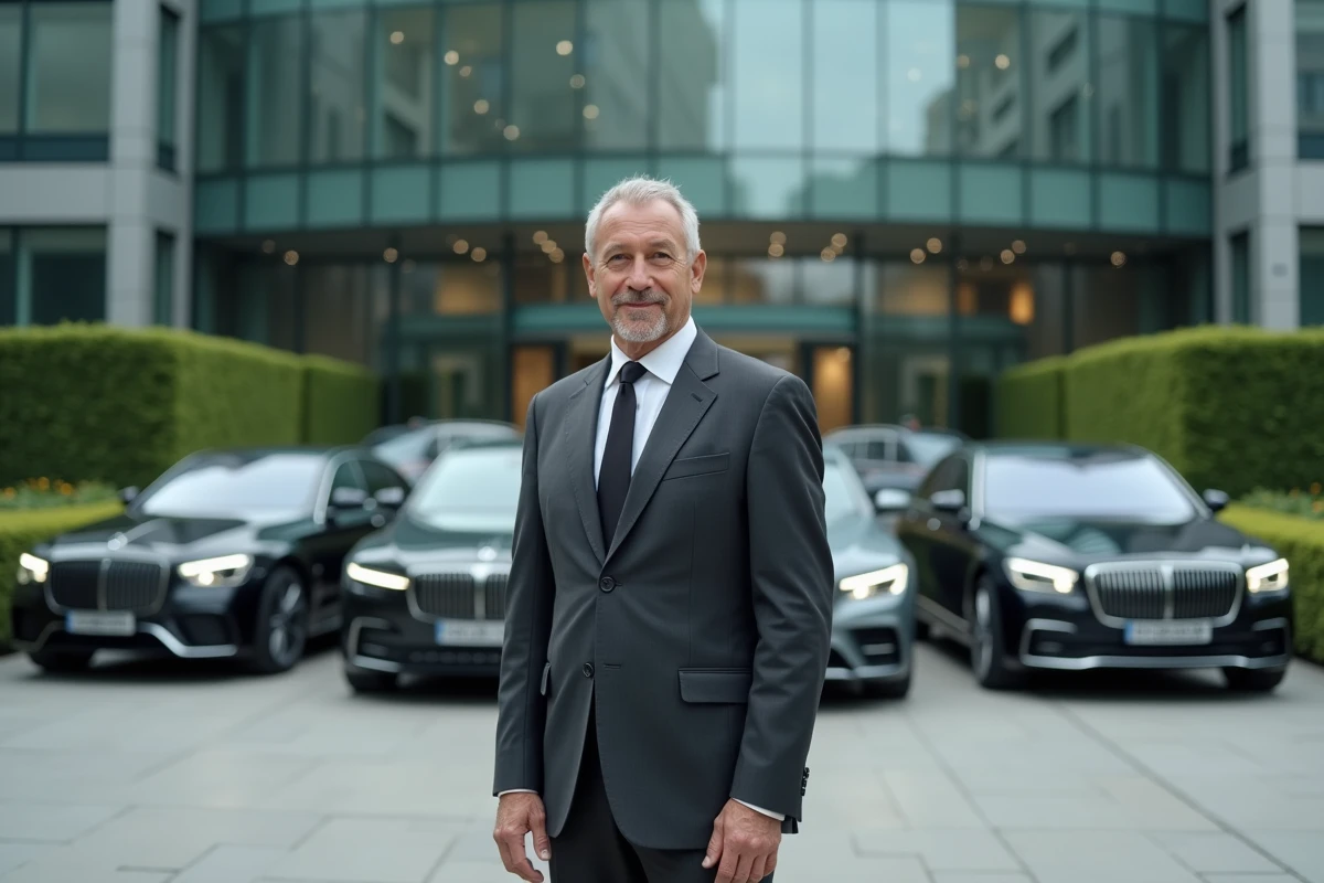 Dirigeant de l'industrie automobile devant une rangée de voitures de luxe au siège social d'un grand constructeur automobile mondial