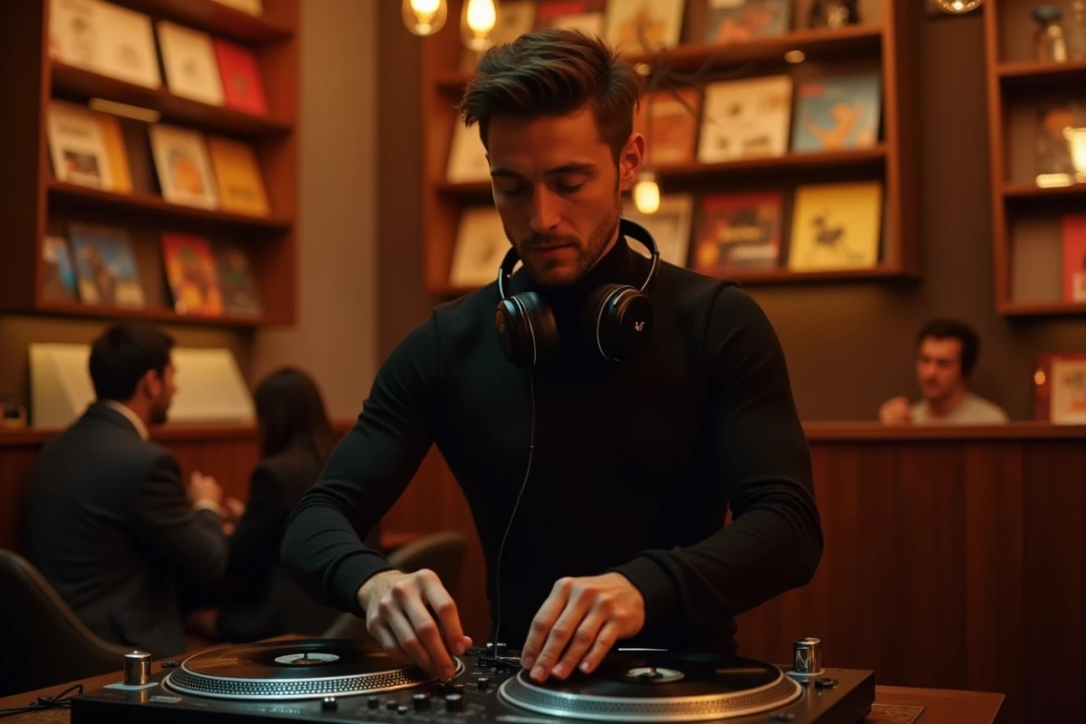DJ masculin concentré derrière ses platines vinyle dans un bar musical chaleureux lors d'une soirée dansante 2026