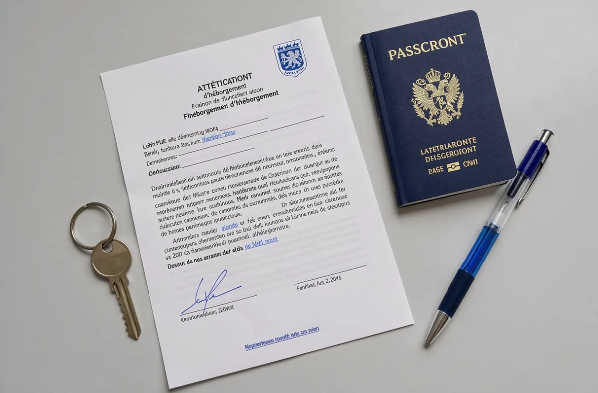 Attestation d'hébergement posée sur un bureau avec passeport et clé de logement