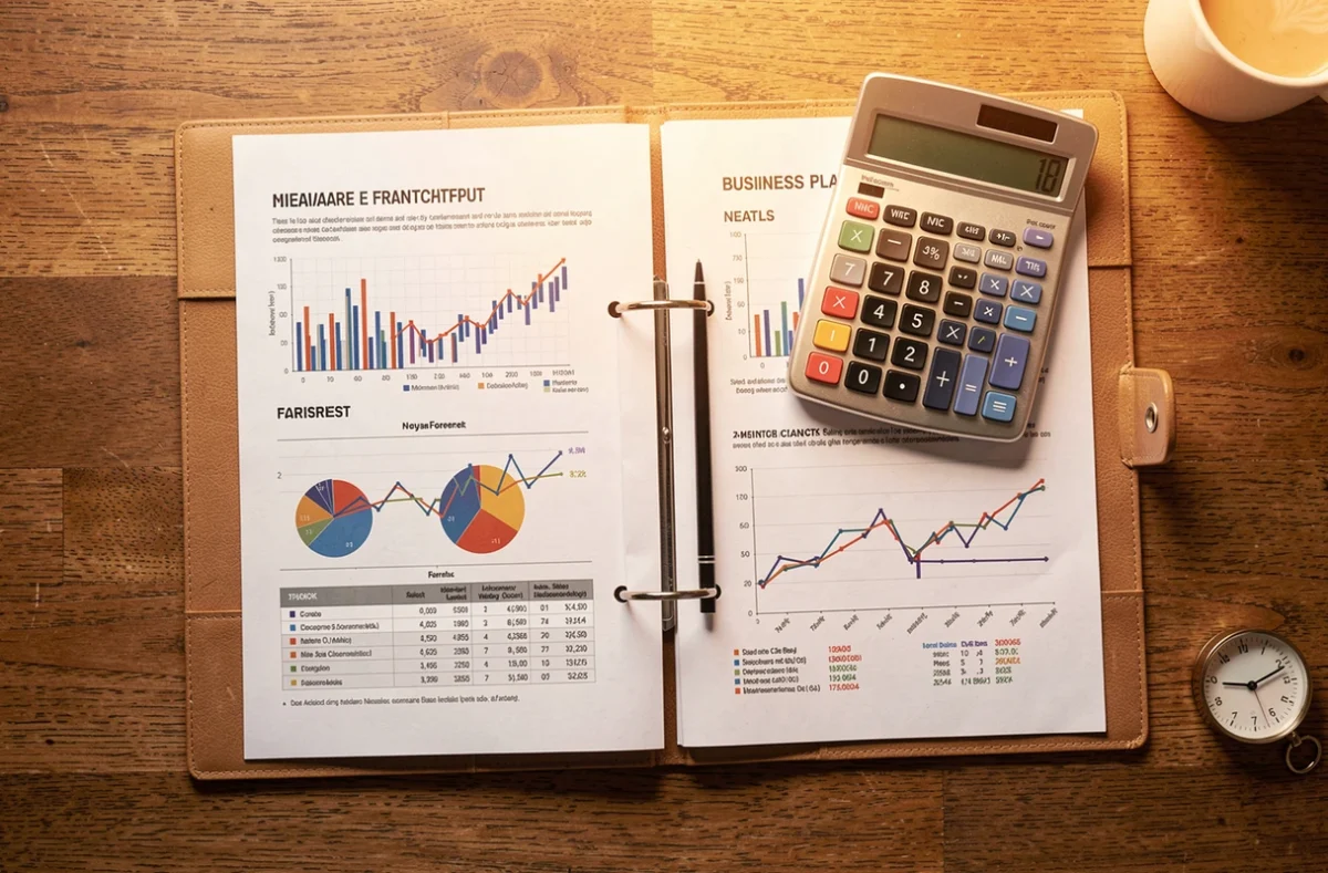 Dossier de business plan avec prévisionnel financier posé sur un bureau