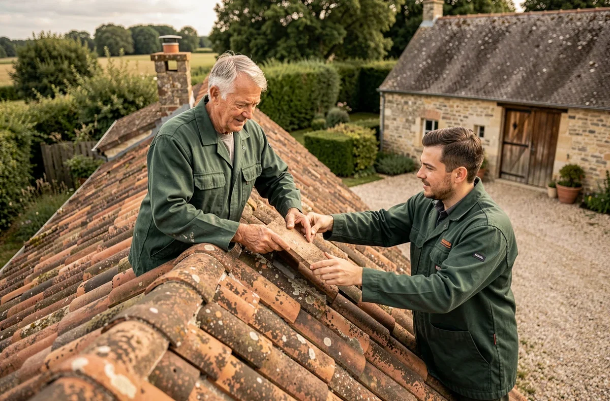 Deux couvreurs de Dujour Bernard et Fils SARL travaillant ensemble sur la faîtière d'un toit de ferme picarde