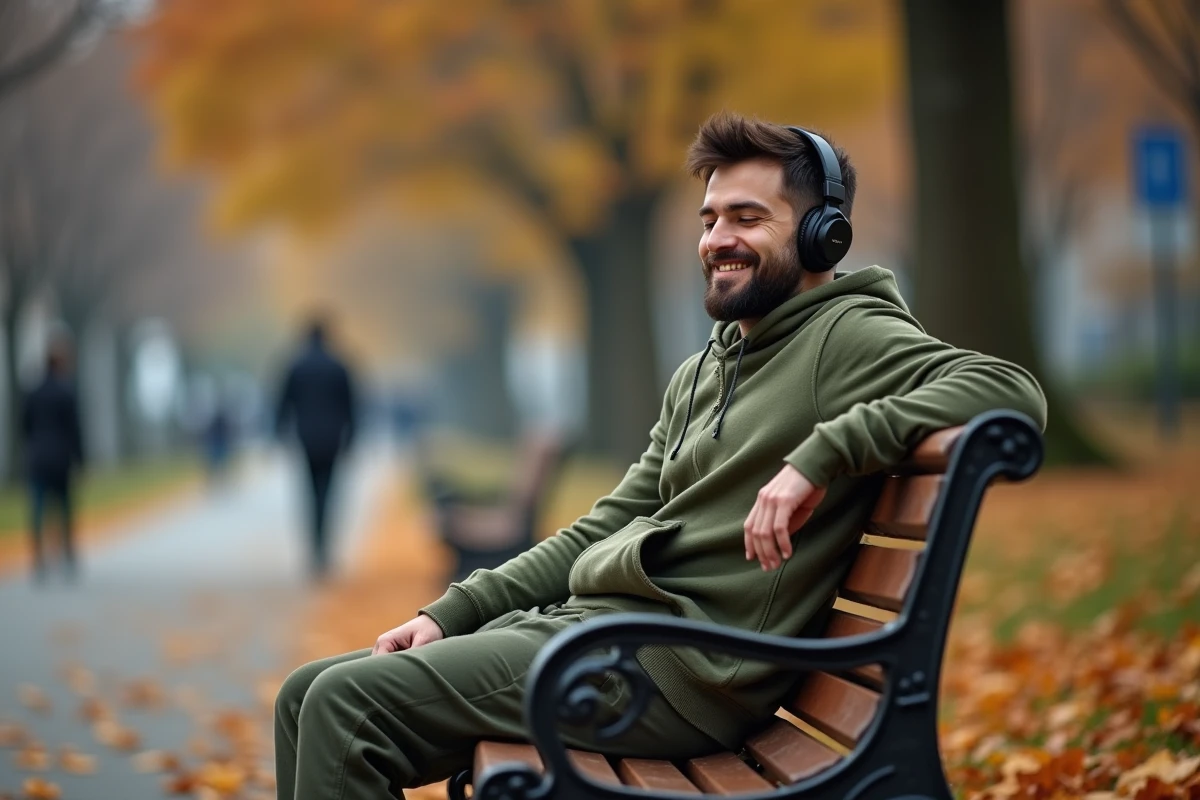 Jeune homme écoutant de la musique sur un banc de parc en automne, profitant d'un plaisir gratuit en pleine nature urbaine