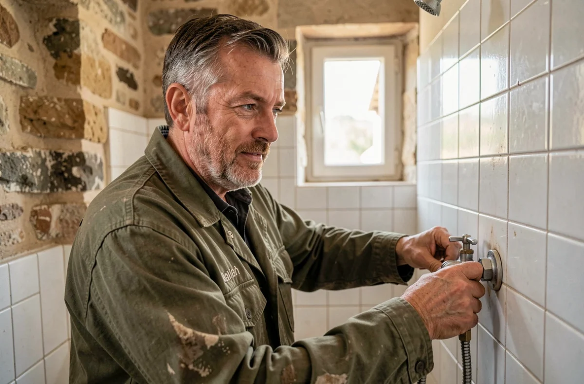 Artisan indépendant EIRL C. Fraisse remplaçant un mitigeur de douche dans une maison en pierre de l'Aude