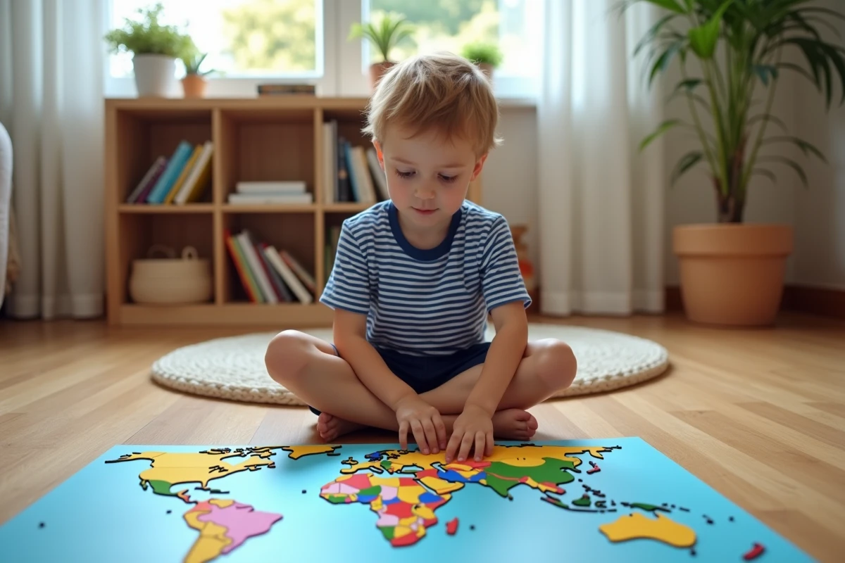 Enfant concentré sur un puzzle éducatif carte du monde à la maison, apprentissage par le jeu