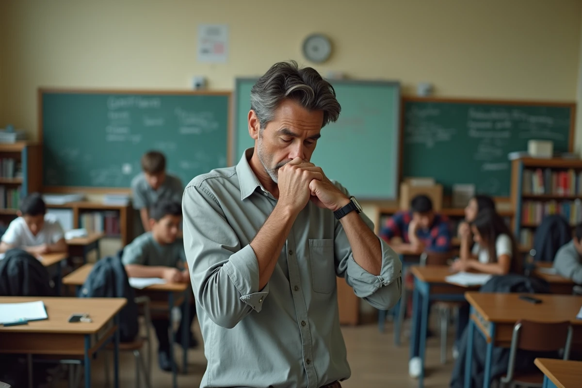 Enseignant stressé face à une classe difficile, illustrant les défis de gestion du comportement en milieu scolaire