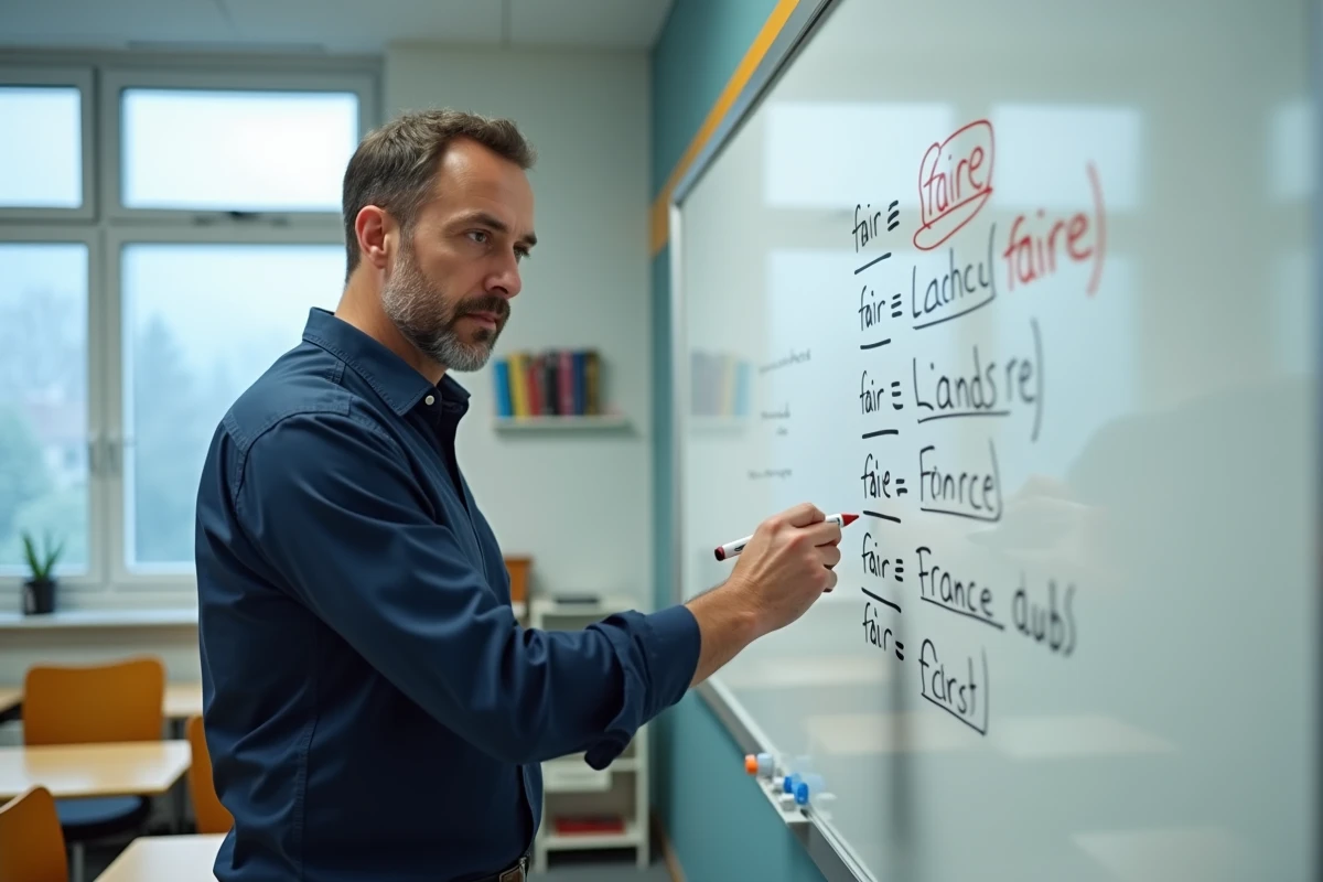Enseignant expliquant la conjugaison du verbe faire devant un tableau blanc dans une salle de classe