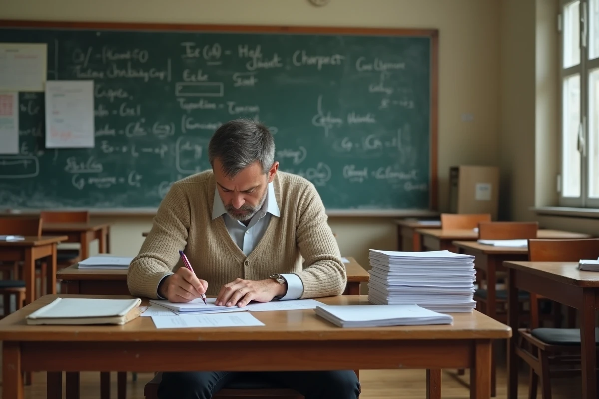 Enseignant épuisé seul dans sa salle de classe vide, représentant le burnout dans le secteur de l'éducation