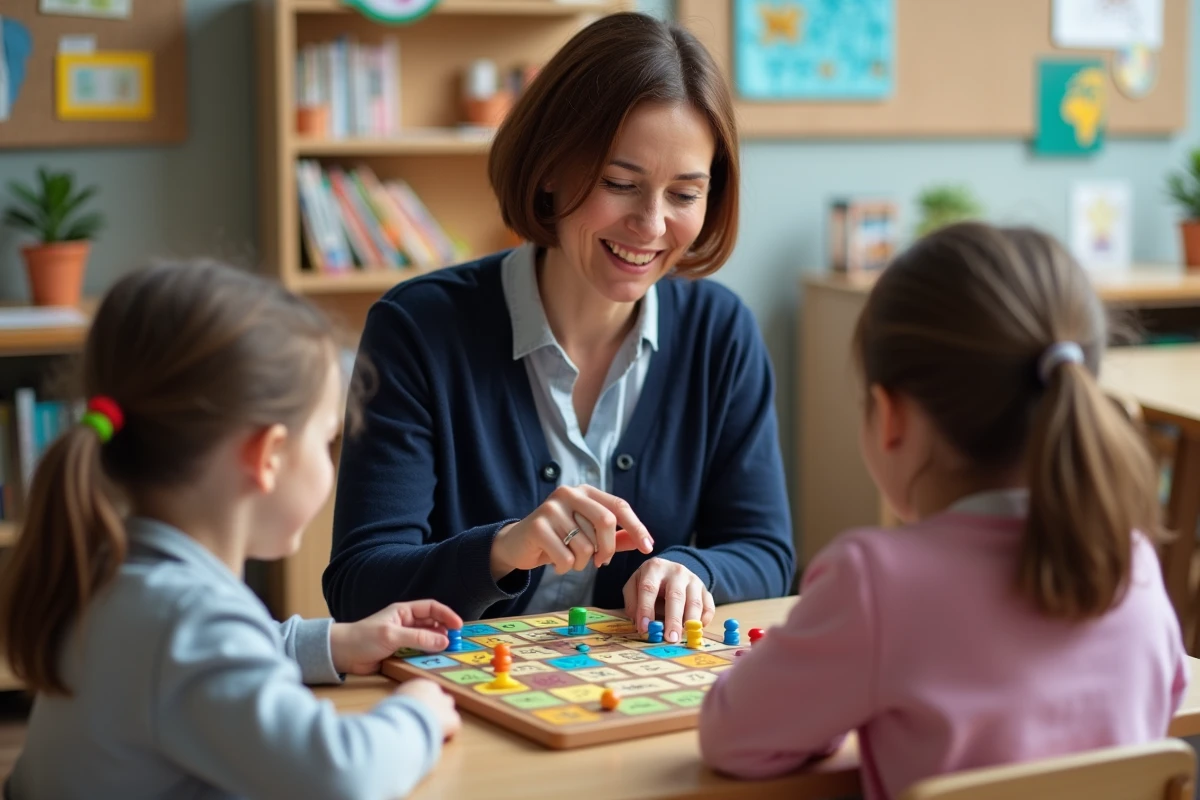 Enseignante guidant des élèves pendant un jeu éducatif de société en classe primaire