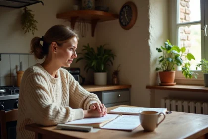 Femme adulte qui s'entraîne à réciter une comptine française chez elle avec un livre ouvert sur une table en bois