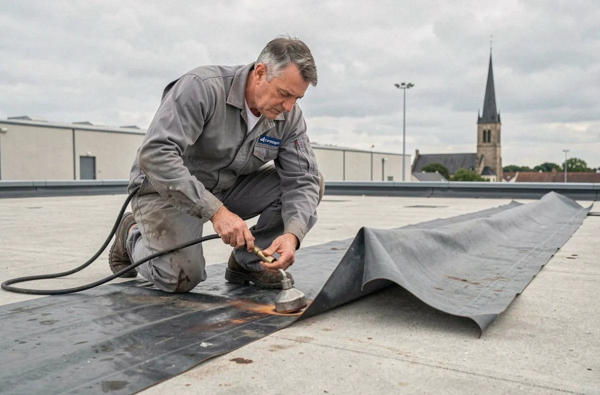 Employé de l'Entreprise Lelu appliquant une membrane d'étanchéité sur un toit plat commercial dans l'Oise