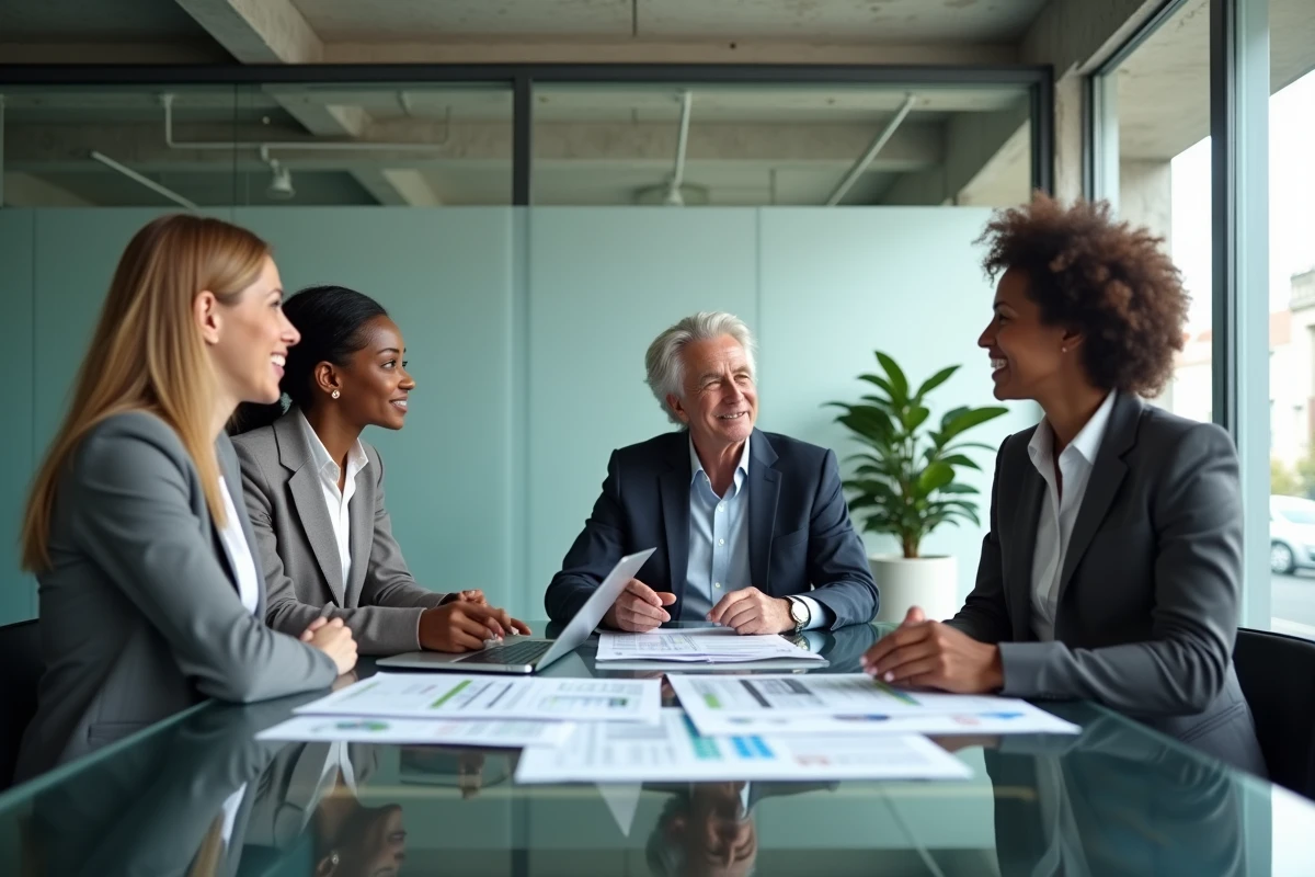 Équipe de professionnels financiers discutant des cadres réglementaires applicables aux gestionnaires d'actifs autour d'une table de réunion
