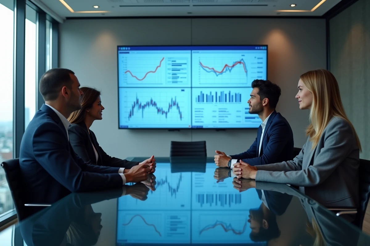 Équipe de professionnels discutant des tendances de la banque digitale lors d'une réunion en entreprise
