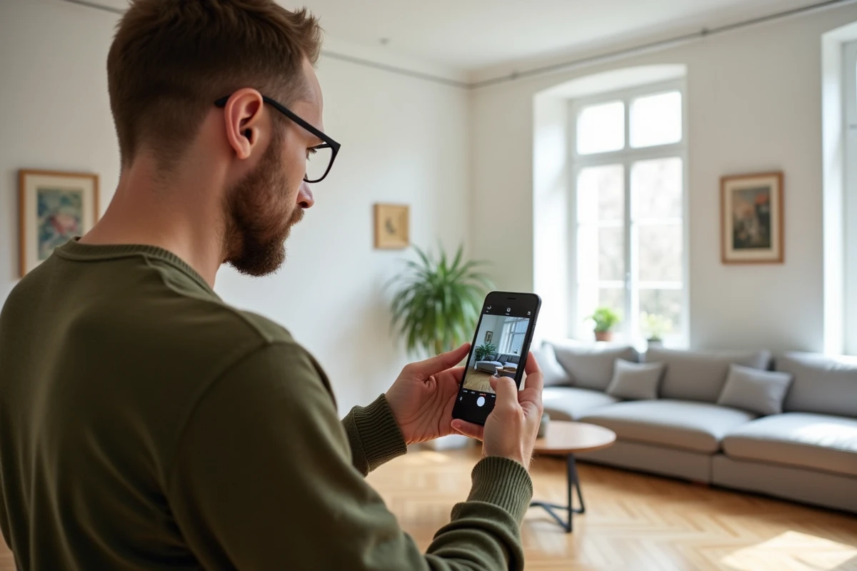 Propriétaire utilisant une application mobile pour réaliser une estimation gratuite de son appartement