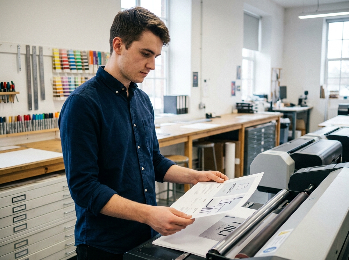 Étudiant en graphisme tenant une page imprimée de son portfolio dans un atelier d'école de design