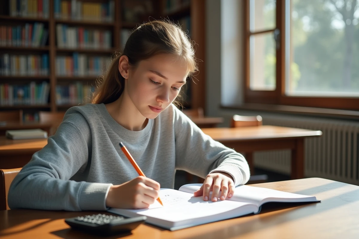 Étudiante lycéenne résolvant des exercices sur la formule de force en mécanique dans une bibliothèque