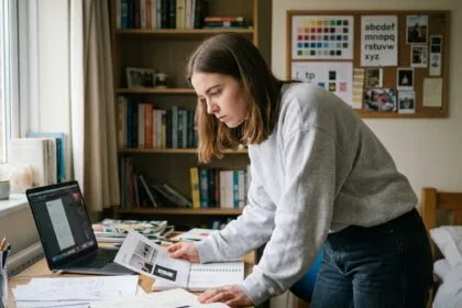 Jeune étudiante en graphisme révisant son dossier de candidature avec des pages de portfolio imprimées sur un bureau en bois