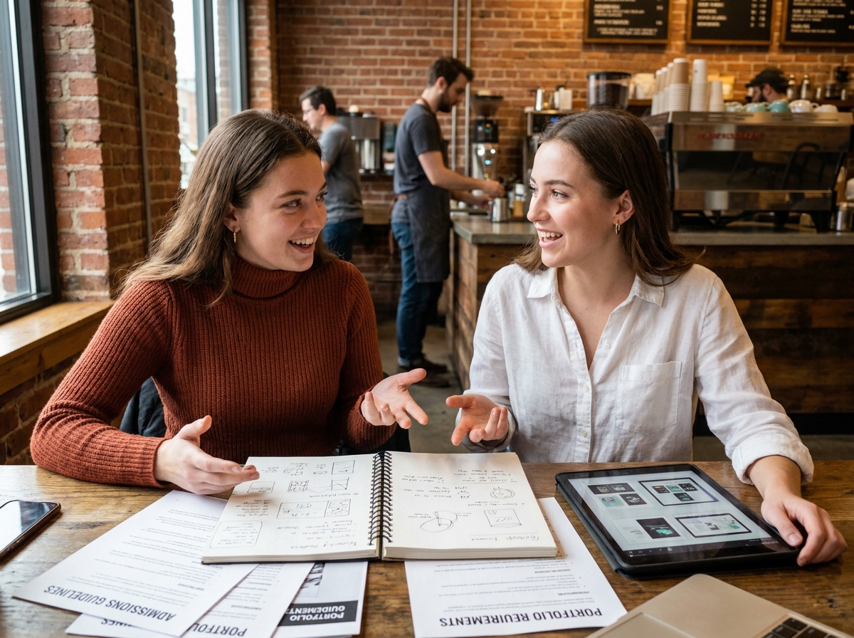 Deux étudiantes en graphisme préparant ensemble leur dossier d'admission dans un café urbain avec sketchbook et tablette