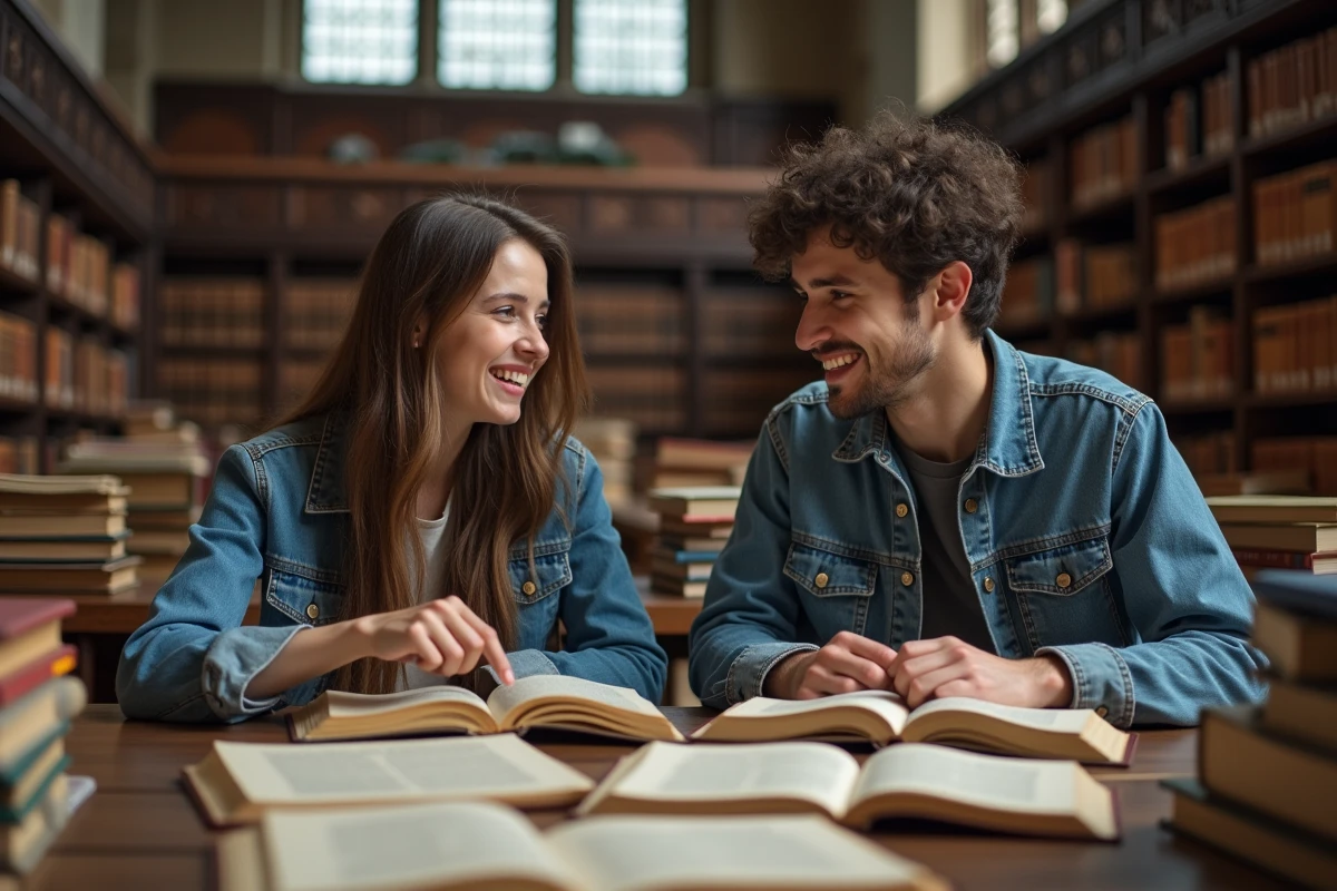 Deux étudiants discutant d'un roman historique sur le Moyen Âge dans une bibliothèque universitaire