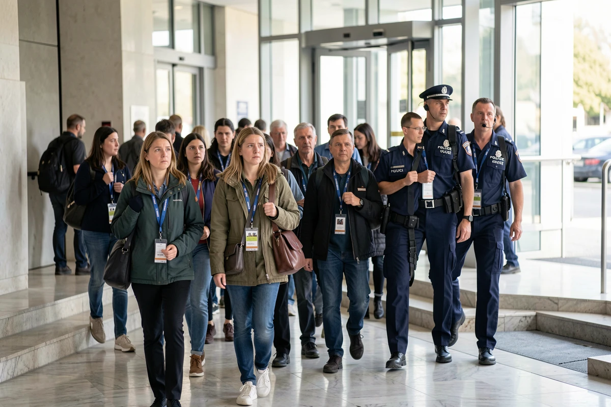 Évacuation de visiteurs et de professionnels du festival encadrée par des forces de l'ordre lors d'une alerte à la bombe à Cannes