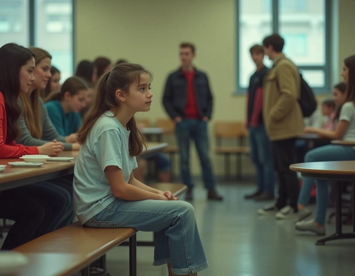 Adolescente isolée dans une cafétéria scolaire en raison de son style vestimentaire, symbolisant l'exclusion sociale liée à la mode