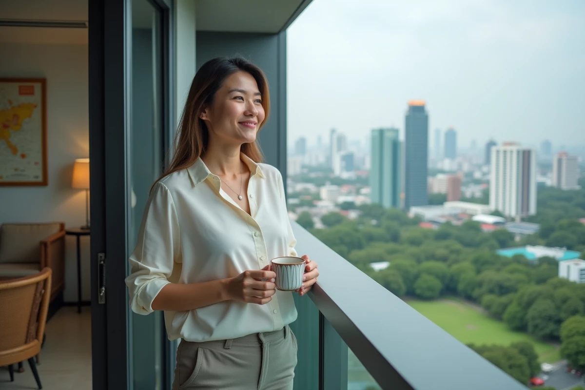 Une Française expatriée sur le balcon de son appartement moderne à Bangkok avec vue sur la skyline de la ville