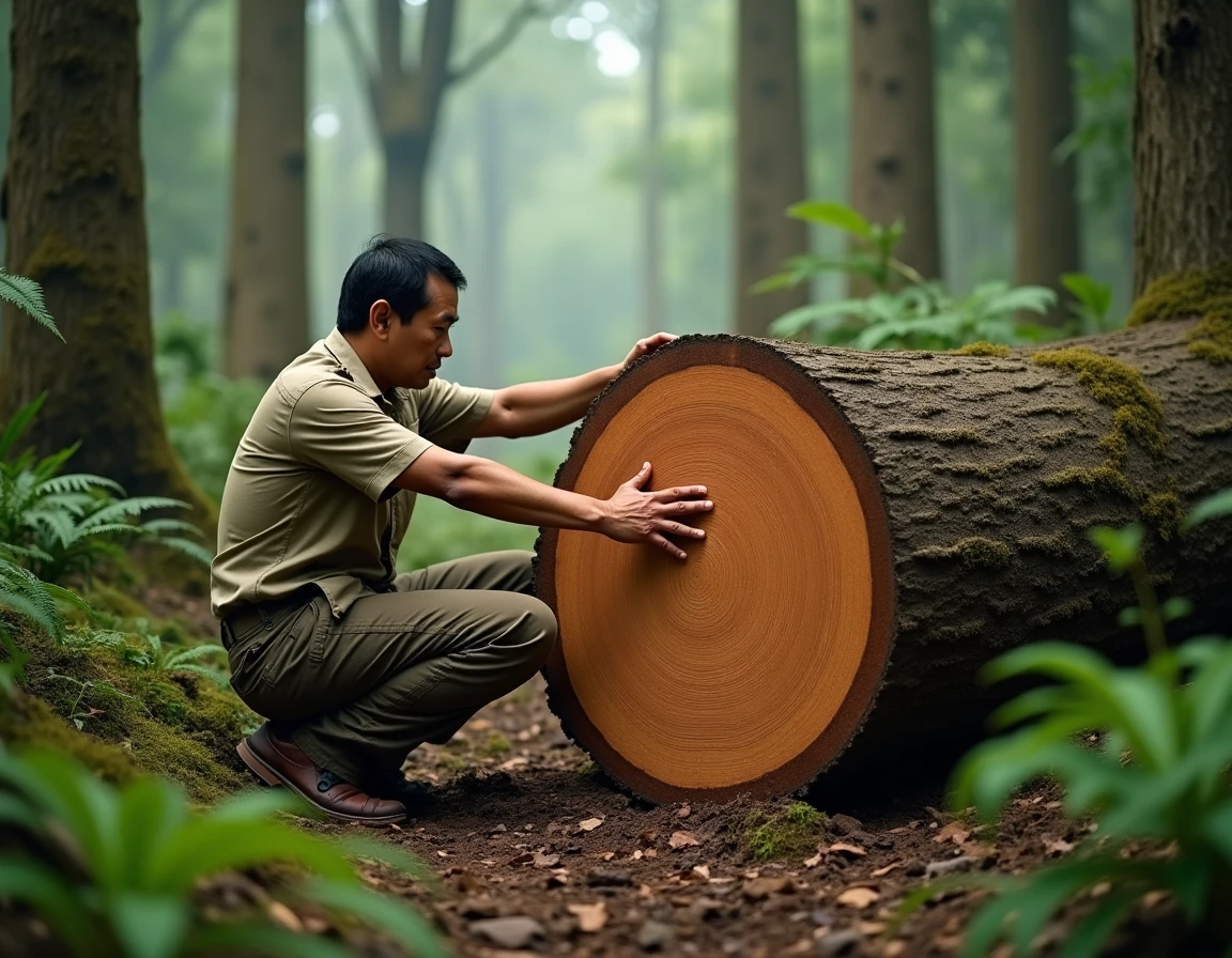 Expert forestier examinant la coupe transversale d'un tronc de teck dans une forêt tropicale d'Asie du Sud-Est, entouré d'une végétation luxuriante