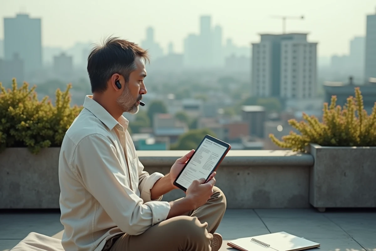 Extrapreneur travaillant en mobilité sur une terrasse urbaine avec tablette et écouteurs sans fil