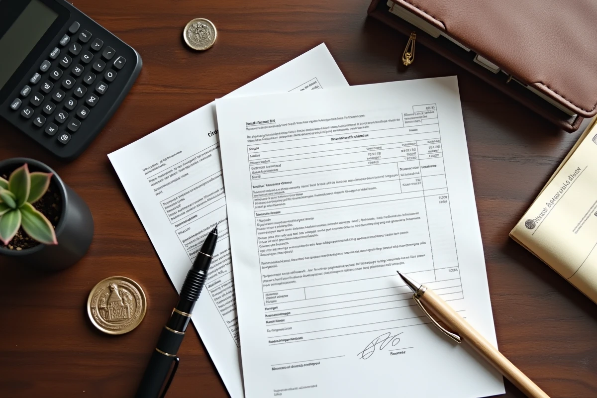 Vue aérienne d'une facture d'honoraires de notaire avec stylo plume, calculatrice et acte immobilier sur un bureau en noyer