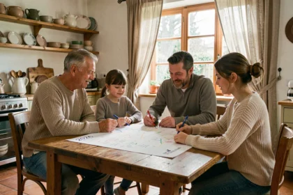 Famille française planifiant les vacances scolaires 2026 autour d'un calendrier imprimé sur une table en bois