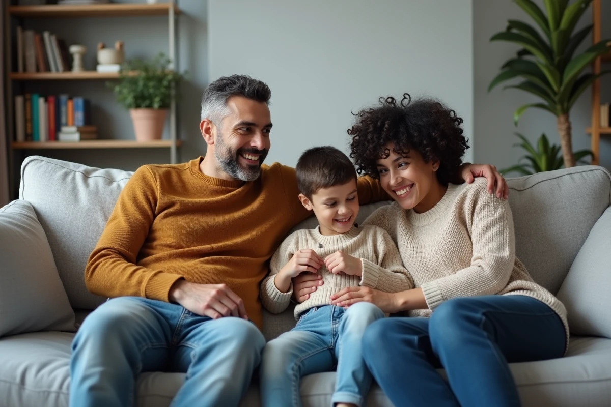 Portrait naturel d'une famille recomposée dans un salon moderne avec belle-mère et enfants