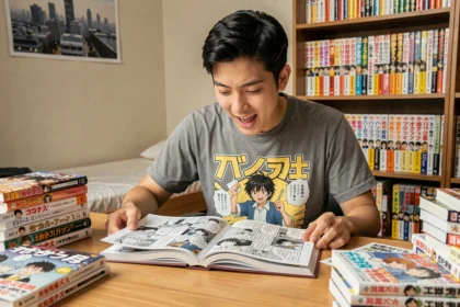 Fan de manga lisant les derniers scans de One Piece à son bureau encombré de volumes manga